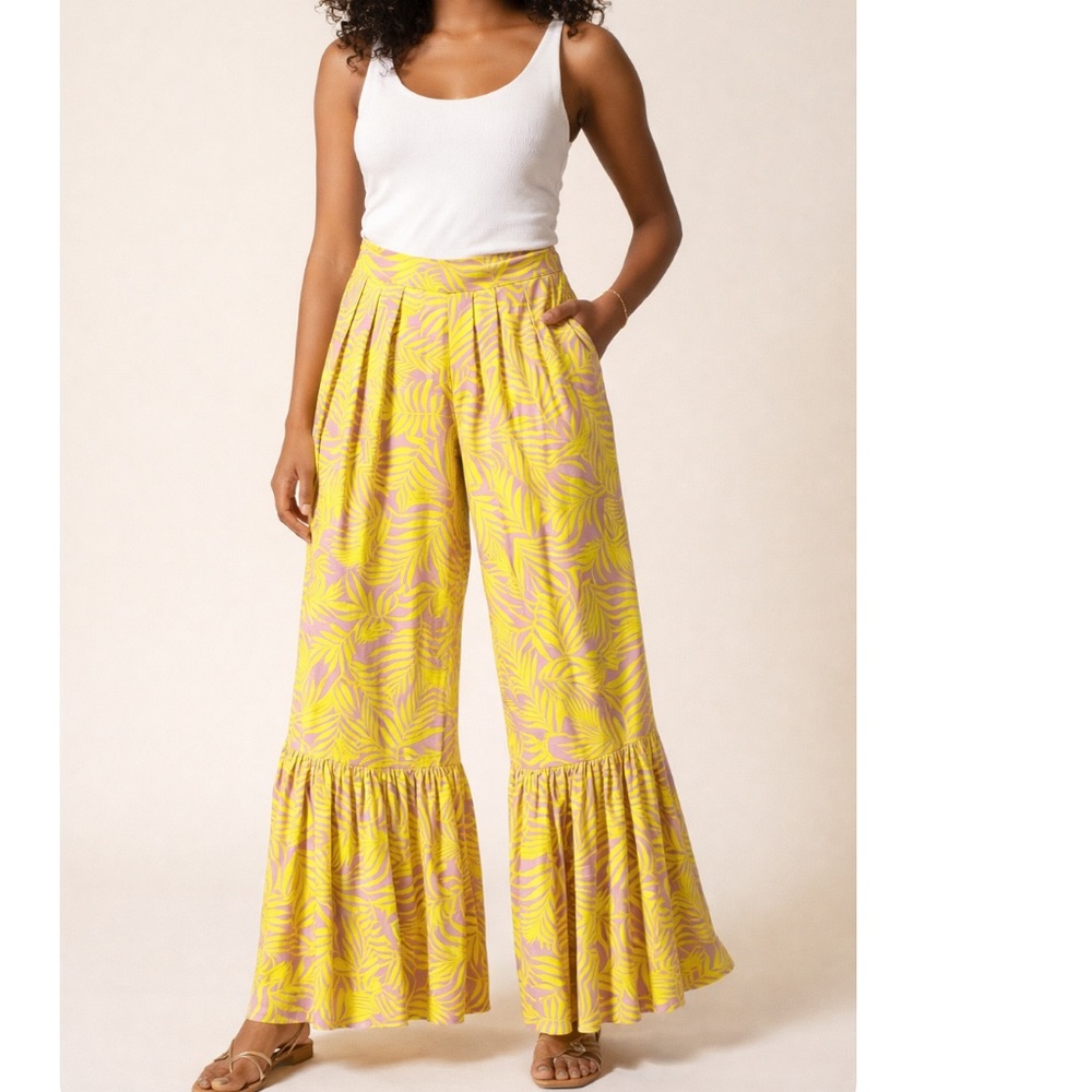 THE KEMIST Tropical Palm Wide-Leg Ruffle Pants Oversized Made in England Sz 12